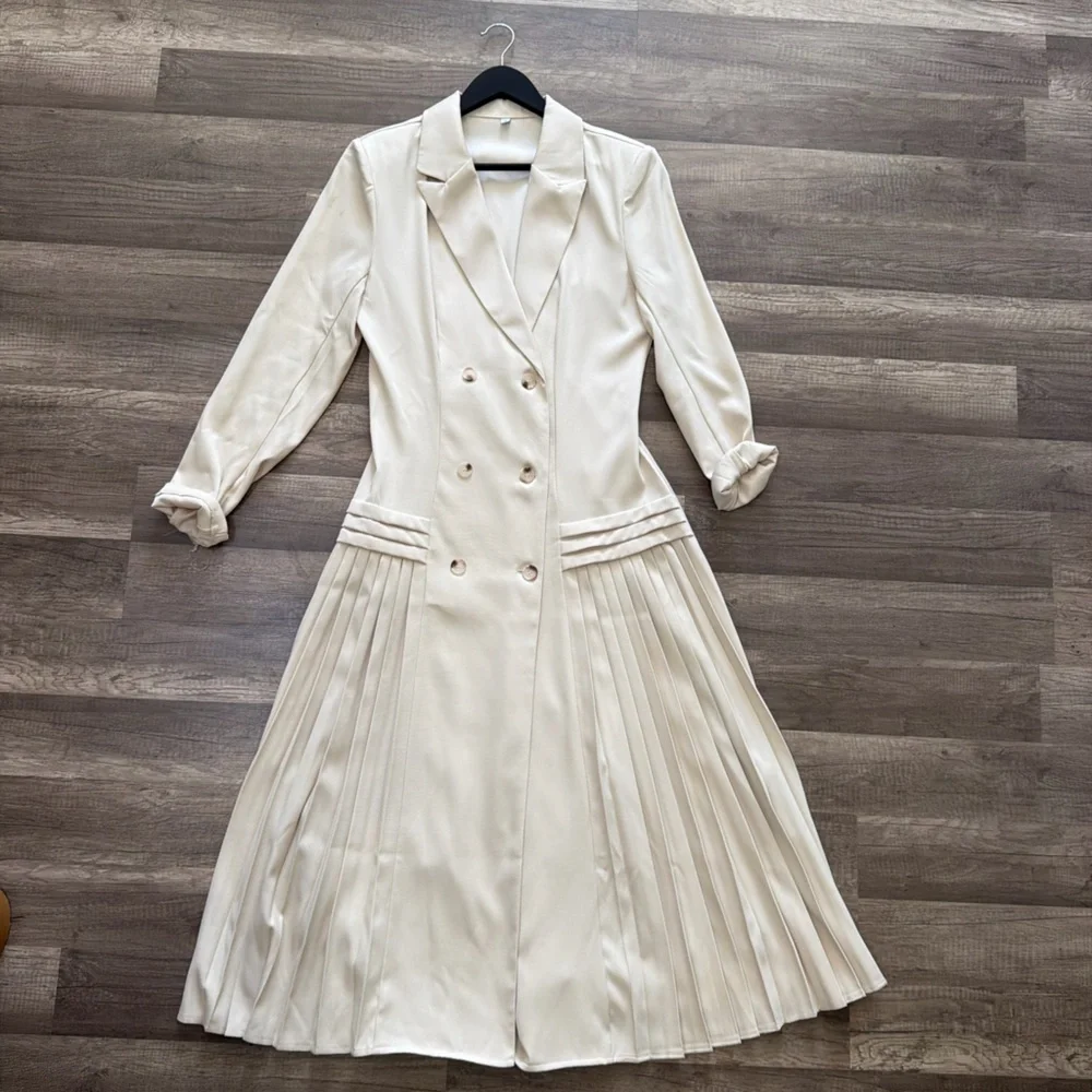 Elegant Cream Double-Breasted Pleated Coat Dress - Picture 1 of 3